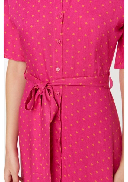 Moda Regular Casual Günlük Shally Dokuma Gömlek Yaka Kısa Kol Gömlek Elbise Midi Boy Elbise