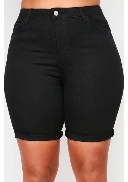 Büyük Beden Moda Denim Yüksek Bel Dar Paça Gündelik Siyah Solmayan Esnek Skinny Şort