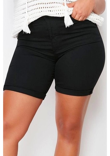 Büyük Beden Moda Denim Yüksek Bel Dar Paça Gündelik Siyah Solmayan Esnek Skinny Şort fiyatları