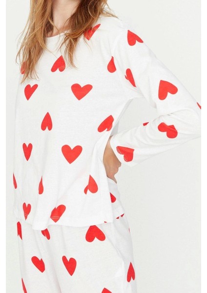 Tarz Rahat Uzun Kollu Boru Paça Pamuklu Kalpli Örme Pijama Takımı
