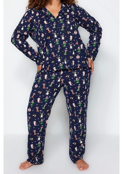 Tarz Rahat Büyük Beden Uzun Kollu Boru Paça Yılbaşı Temalı Örme Pijama Takımı