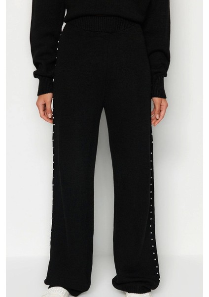 Tarz Kadın Modern Moda Normal Bel Boru Paça V Yaka Geniş Kalıp Taş Detaylı Triko Alt-Üst Takım indirimleri