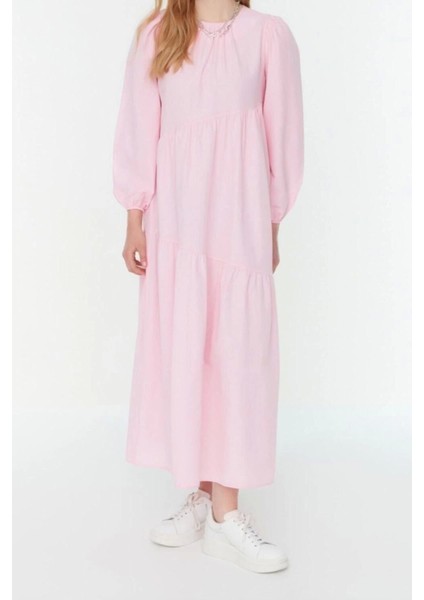 Moda Regular Casual Günlük Terrycotton Dokuma Bisiklet Yaka Uzun Kol A-Line Maxi Boy Tesettür Elbise