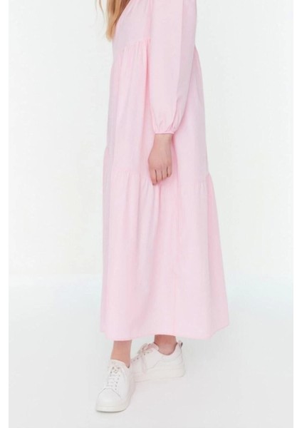 Moda Regular Casual Günlük Terrycotton Dokuma Bisiklet Yaka Uzun Kol A-Line Maxi Boy Tesettür Elbise
