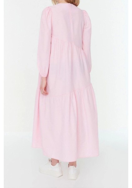 Moda Regular Casual Günlük Terrycotton Dokuma Bisiklet Yaka Uzun Kol A-Line Maxi Boy Tesettür Elbise