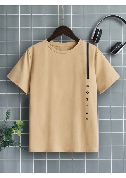 Unisex Bej Oversize T-Shirt Boston Baskılı