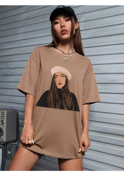 Hat Girl Baskılı Kadın / Kız Oversize Kahverengi T-Shirt