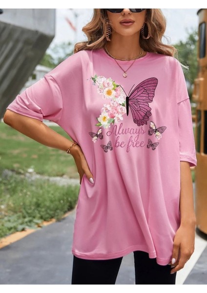 Be Free Pembe Oversize Salas Boyfriend Kadın / Kız T-Shirt Top Bluz