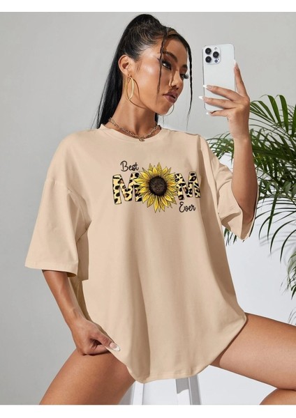 Kadın / Kız Bej Oversize T-Shirt Best Mom Baskılı