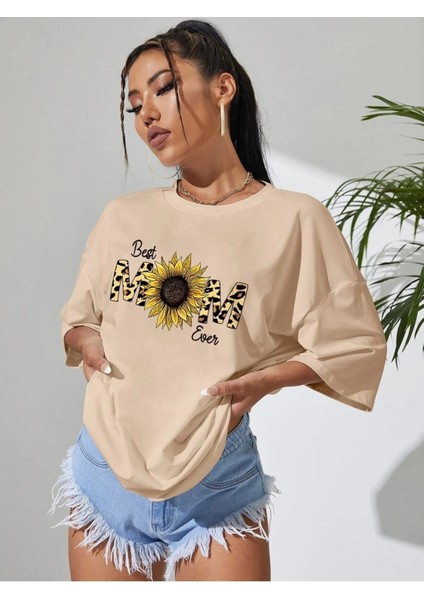 Kadın / Kız Bej Oversize T-Shirt Best Mom Baskılı fiyatları