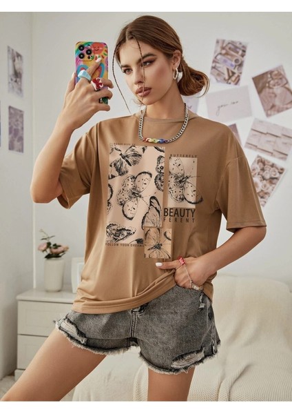 Kadın / Kız Toprak Oversize T-Shirt Beauty Ferent Baskılı modelleri