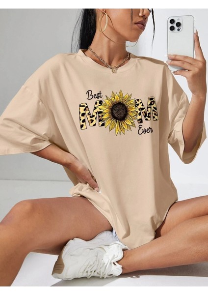 Kadın / Kız Bej Oversize T-Shirt Best Mom Baskılı