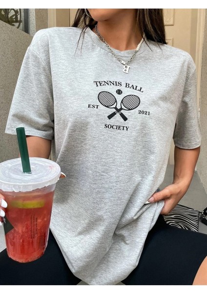 Tenis Raketi Baskılı Kadın Oversize Gri Salas T-Shirt Boyfriend