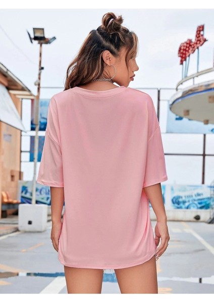 Cepte Tavşan Baskılı Pembe Kadın / Kız Oversize Gri Salas T-Shirt Boyfriend