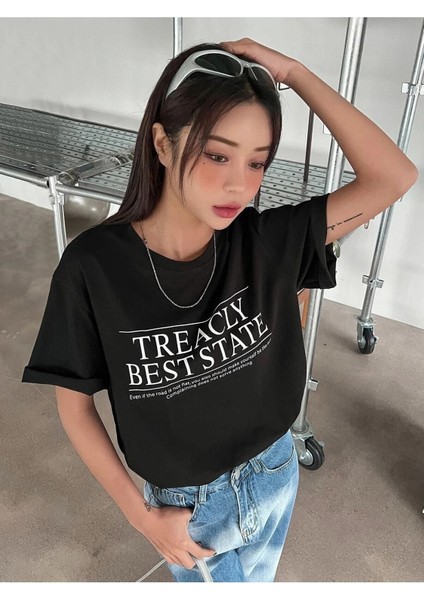 Kadın / Kız Siyah Best State Baskılı Oversize T-Shirt