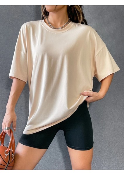 Kadın / Kız Bej Oversize T-Shirt Pusula Baskılı