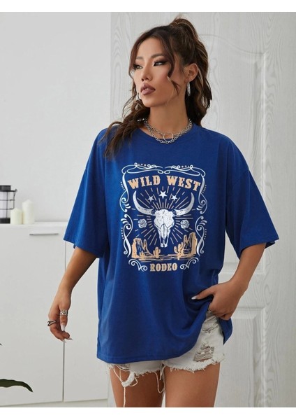Wild West Baskılı Kadın / Kız Oversize Saks Mavi Salas T-Shirt Boyfriend fiyatları