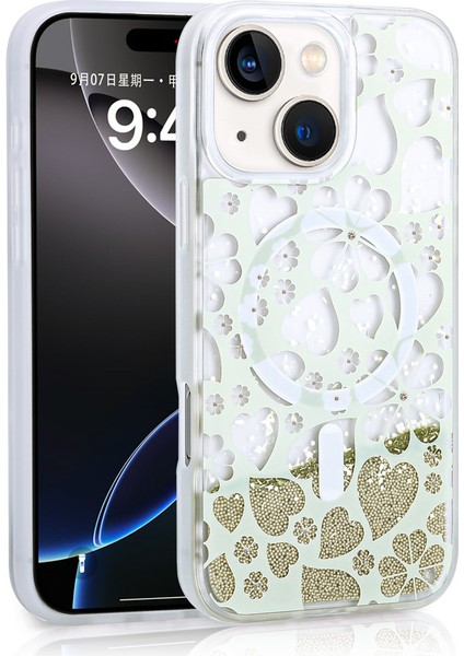 Apple iPhone 15 Kılıf Sıvılı Simli Baskılı Şeffaf Arka Yüzey Silikon Kapak (Mossa)