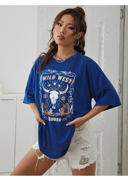 Wild West Baskılı Kadın / Kız Oversize Saks Mavi Salas T-Shirt Boyfriend fırsatları
