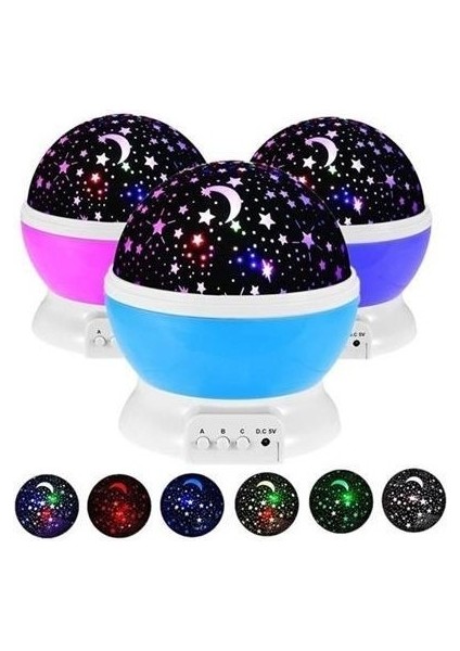 Renkli Ay Yıldız Tavan Yansıtma Pilli LED Gece Lambası Gökyüzü Projeksiyonlu Dönen Küre
