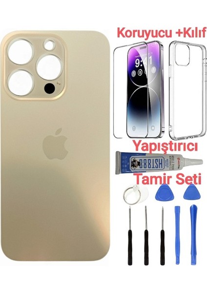 Apple iPhone 14 Pro Max Pro Arka Kapak Pil Kapağı + Yapıştırıcı+Kılıf+Kırılmaz Gold Renk
