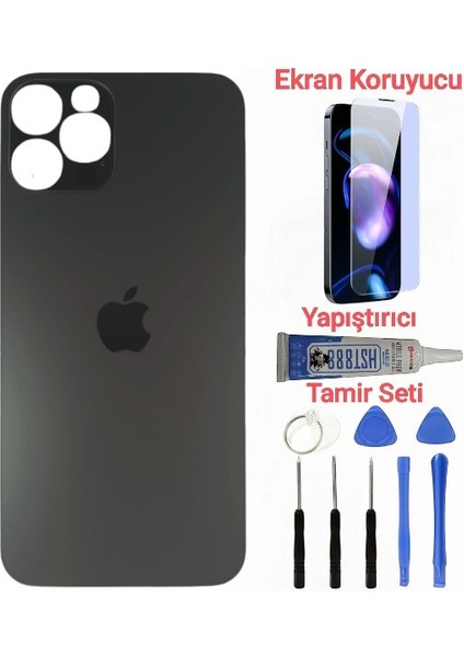 Apple iPhone 13 Pro Max Arka Kapak Pil Kapağı + Yapıştırıcı+Kırılmaz+Tamir Seti Siyah Renk