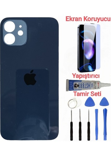 Apple iPhone 12 Arka Kapak Pil Kapağı + Yapıştırıcı+Kırılmaz+Tamir Seti Mavi Renk