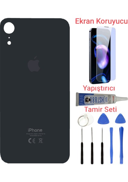 Apple iPhone Xr Arka Kapak Pil Kapağı + Yapıştırıcı+Kırılmaz+Tamir Seti Siyah Renk