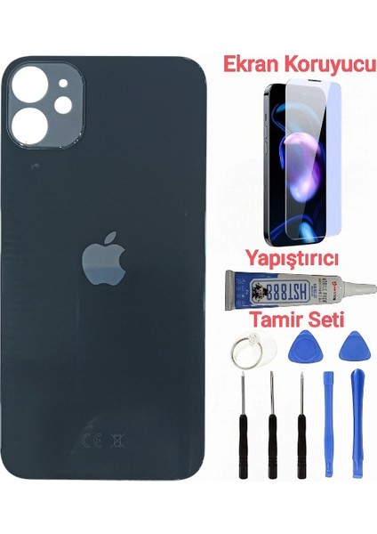 Apple iPhone 12 Mini Arka Kapak Pil Kapağı + Yapıştırıcı+Kırılmaz+Tamir Seti Siyah Renk