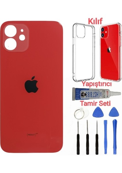 Apple iPhone 11 Arka Kapak Pil Kapağı + Yapıştırıcı+Kılıf+Tamir Seti Kırmızı Renk