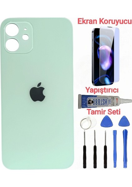 Apple iPhone 12 Arka Kapak Pil Kapağı + Yapıştırıcı+Kırılmaz+Tamir Seti Açık Yeşil Renk