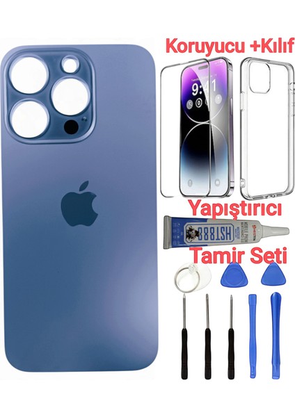 Apple iPhone 15 Pro Max Arka Kapak Pil Kapağı + Yapıştırıcı+Kılıf+Kırılmaz Mavi Titanyum Renk