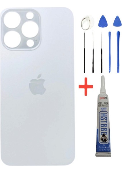 Apple iPhone 15 Pro Max Arka Kapak Pil Kapağı +Tamir Seti ve Yapıştırıcı Beyaz Titanyum Renk