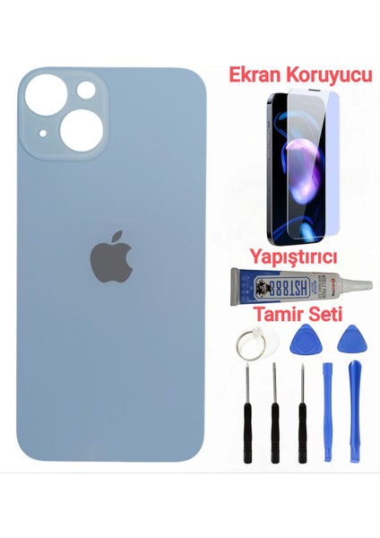 Apple iPhone 14 Arka Kapak Pil Kapağı + Yapıştırıcı+Kırılmaz+Tamir Seti Mavi Renk