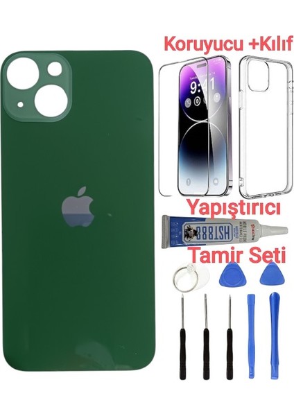 Apple iPhone 13 Arka Kapak Pil Kapağı + Yapıştırıcı+Kılıf+Kırılmaz Yeşil Renk