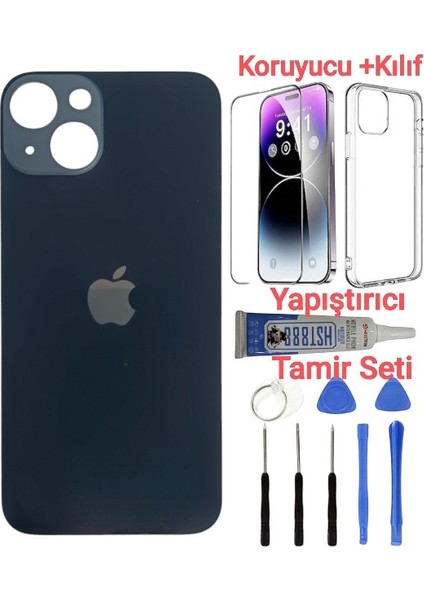 Apple iPhone 13 Mini Arka Kapak Pil Kapağı + Yapıştırıcı+Kılıf+Kırılmaz Siyah Renk