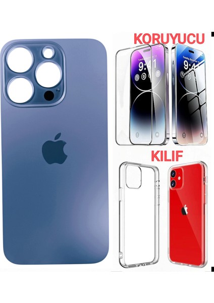 Apple iPhone 15 Pro Arka Kapak Pil Kapağı +Kılıf+Kırılmaz Mavi Titanyum Renk