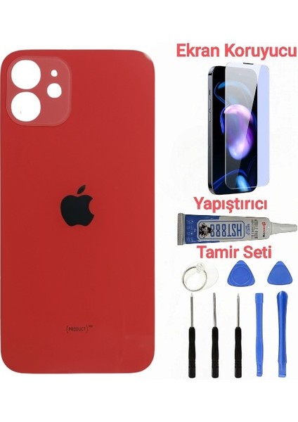 Apple iPhone 12 Arka Kapak Pil Kapağı + Yapıştırıcı+Kırılmaz+Tamir Seti Kırmızı Renk