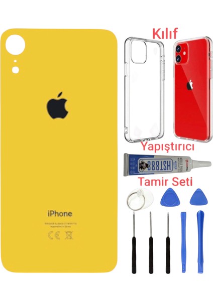 Apple iPhone Xr Arka Kapak Pil Kapağı + Yapıştırıcı+Kılıf+Tamir Seti Sarı Renk