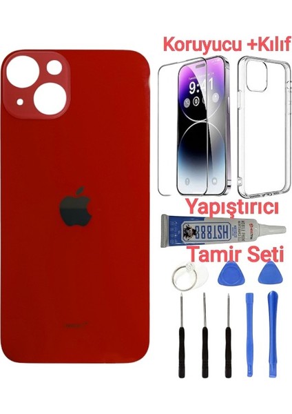 Apple iPhone 13 Mini Arka Kapak Pil Kapağı + Yapıştırıcı+Kılıf+Kırılmaz Kırmızı Renk