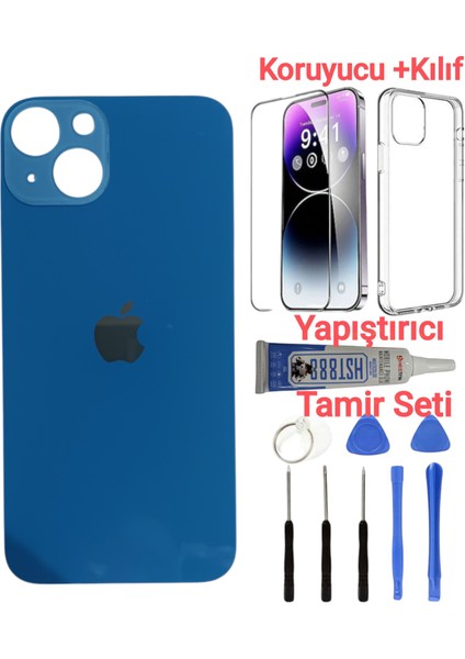 Apple iPhone 13 Mini Arka Kapak Pil Kapağı + Yapıştırıcı+Kılıf+Kırılmaz Mavi Renk