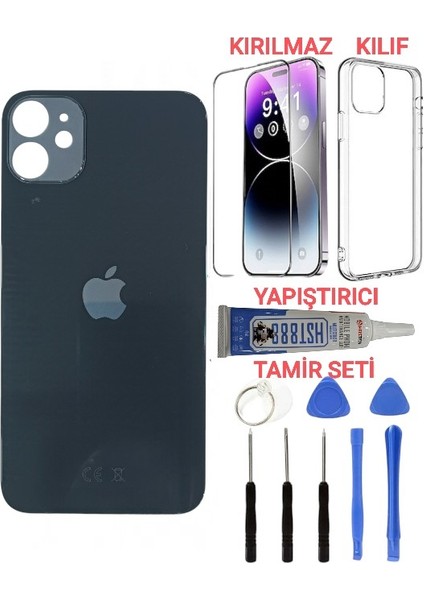 Apple iPhone 12 Mini Arka Kapak Pil Kapağı + Yapıştırıcı+Kılıf+Kırılmaz Siyah Renk