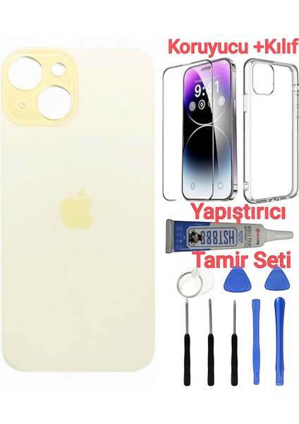 Apple iPhone 15 Plus Arka Kapak Pil Kapağı + Yapıştırıcı+Kılıf+Kırılmaz Sarı Renk