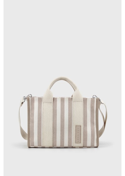 Kadın Vizon Çizgili Keten Orta Boy Çapraz Askılı El ve Omuz Çantası