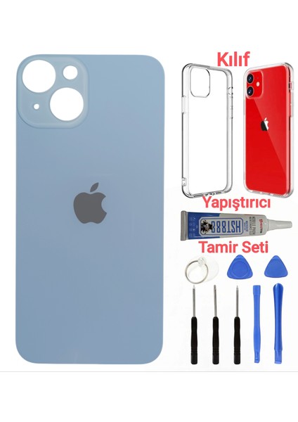 Apple iPhone 14 Arka Kapak Pil Kapağı + Yapıştırıcı+Kılıf+Tamir Seti Mavi Renk