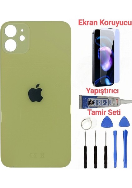 Apple iPhone 11 Arka Kapak Pil Kapağı + Yapıştırıcı+Kırılmaz+Tamir Seti Sarı Renk