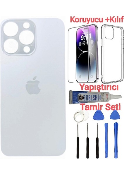 Apple iPhone 14 Pro Max Pro Arka Kapak Pil Kapağı + Yapıştırıcı+Kılıf+Kırılmaz Beyaz Renk