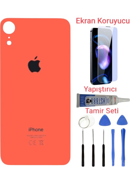 Apple iPhone Xr Arka Kapak Pil Kapağı + Yapıştırıcı+Kırılmaz+Tamir Seti Turuncu Renk