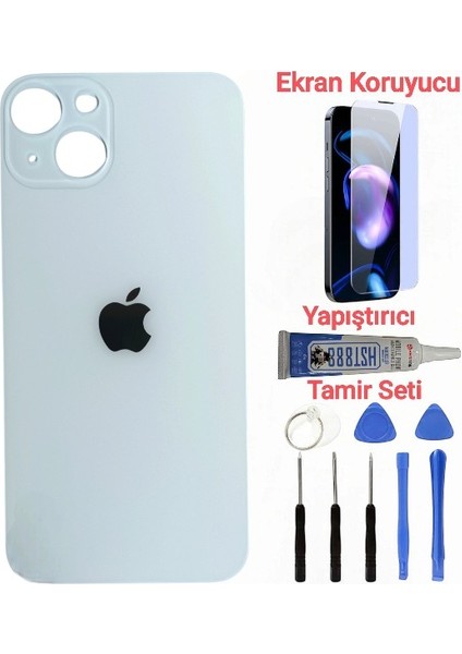Apple iPhone 14 Arka Kapak Pil Kapağı + Yapıştırıcı+Kırılmaz+Tamir Seti Beyaz Renk