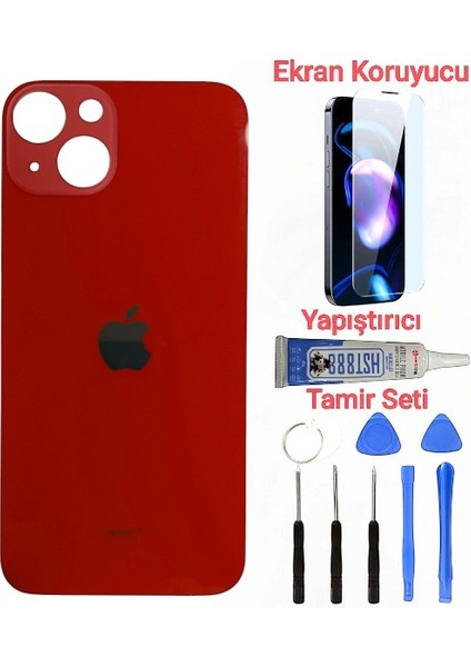 Apple iPhone 14 Plus Arka Kapak Pil Kapağı + Yapıştırıcı+Kırılmaz+Tamir Seti Kırmızı Renk
